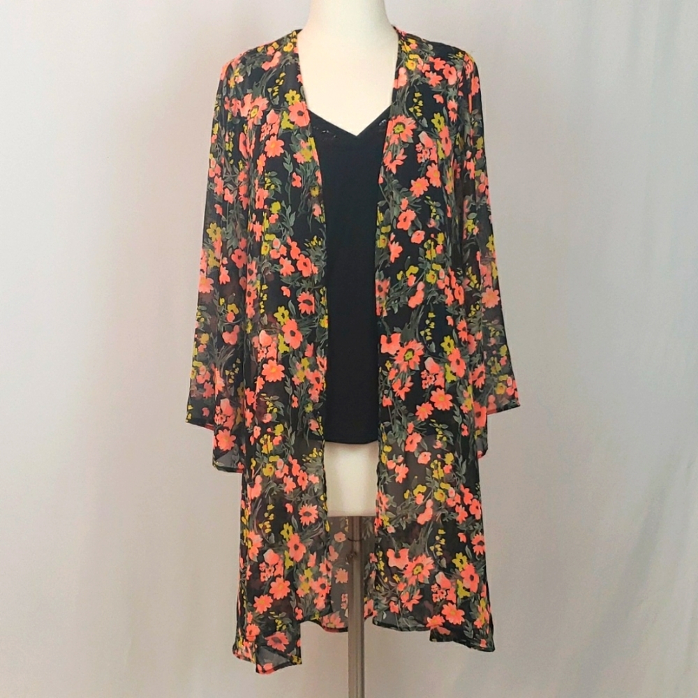 Semi Sheer Floral Kimono Boho Chic Whimsy Goth Orange Yellow Green Black  Size S